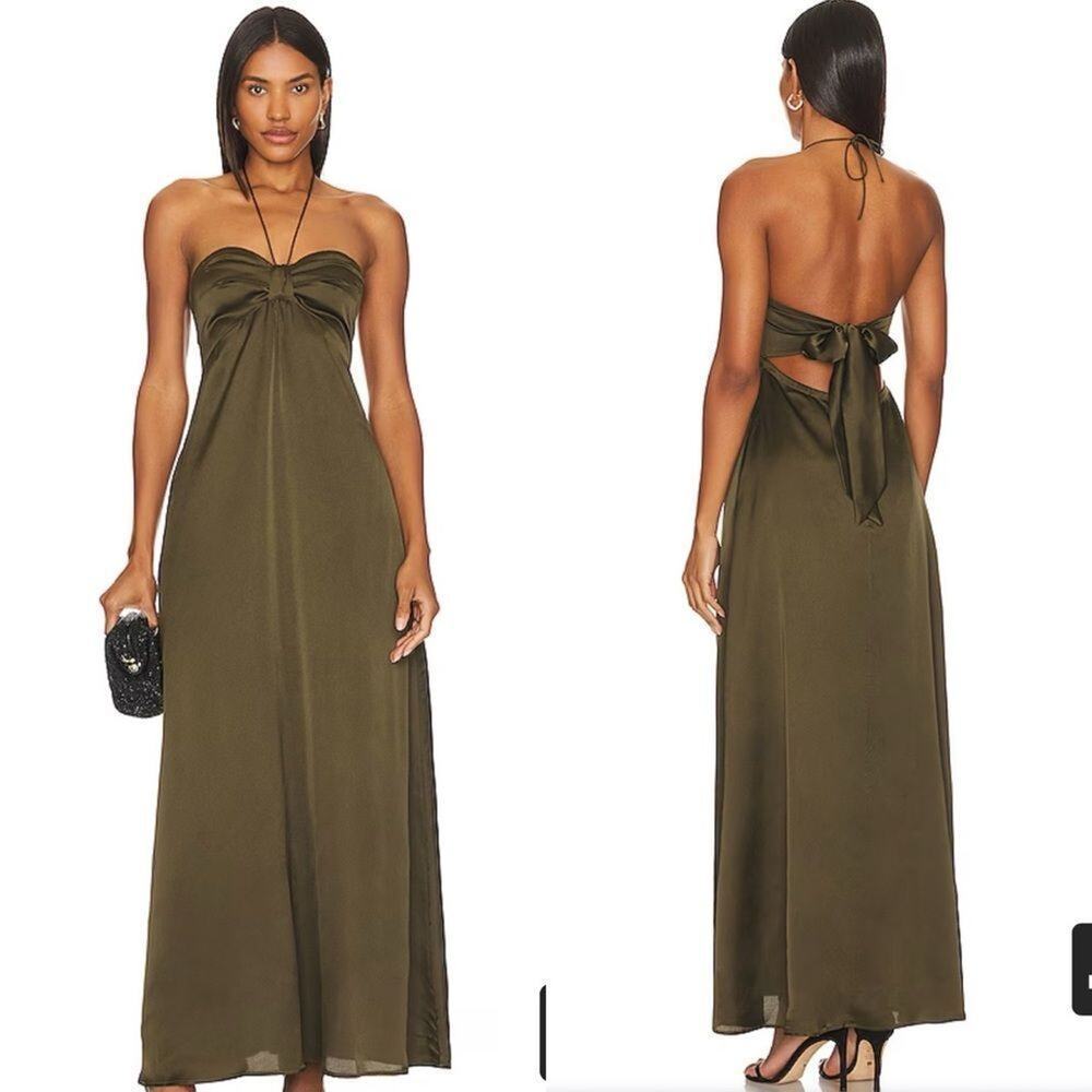 LBLC The Label Blake Faux Silk Halter Dress in Olive, NWT, Size Medium
